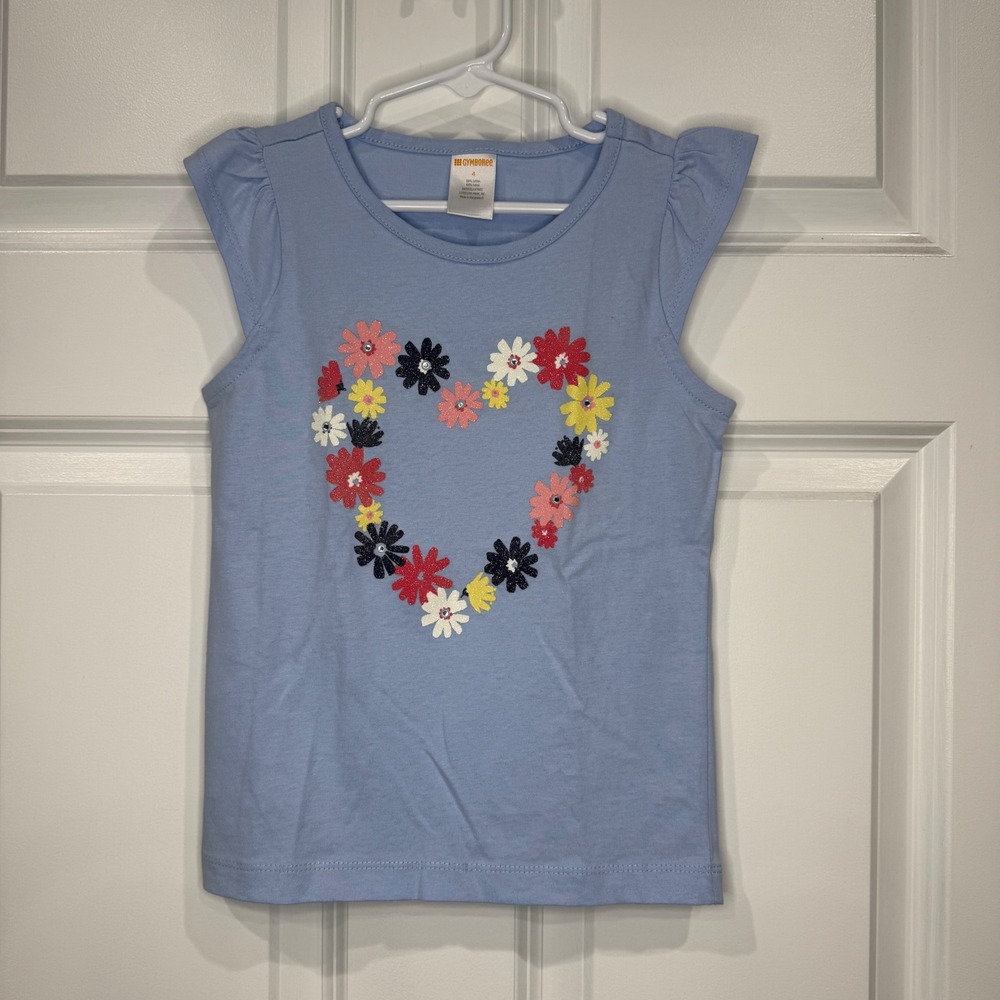 Gymboree Girls Floral Heart Glitter Rhinestone Ruffle Cap Sleeve Top Size 4
